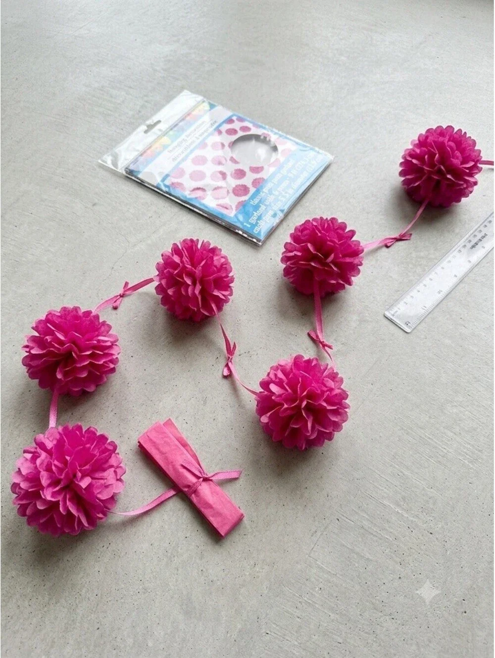 Pink Tissue Pom Pom Garland 9 ft Party Hanging Decoration 6 Poms 5.5